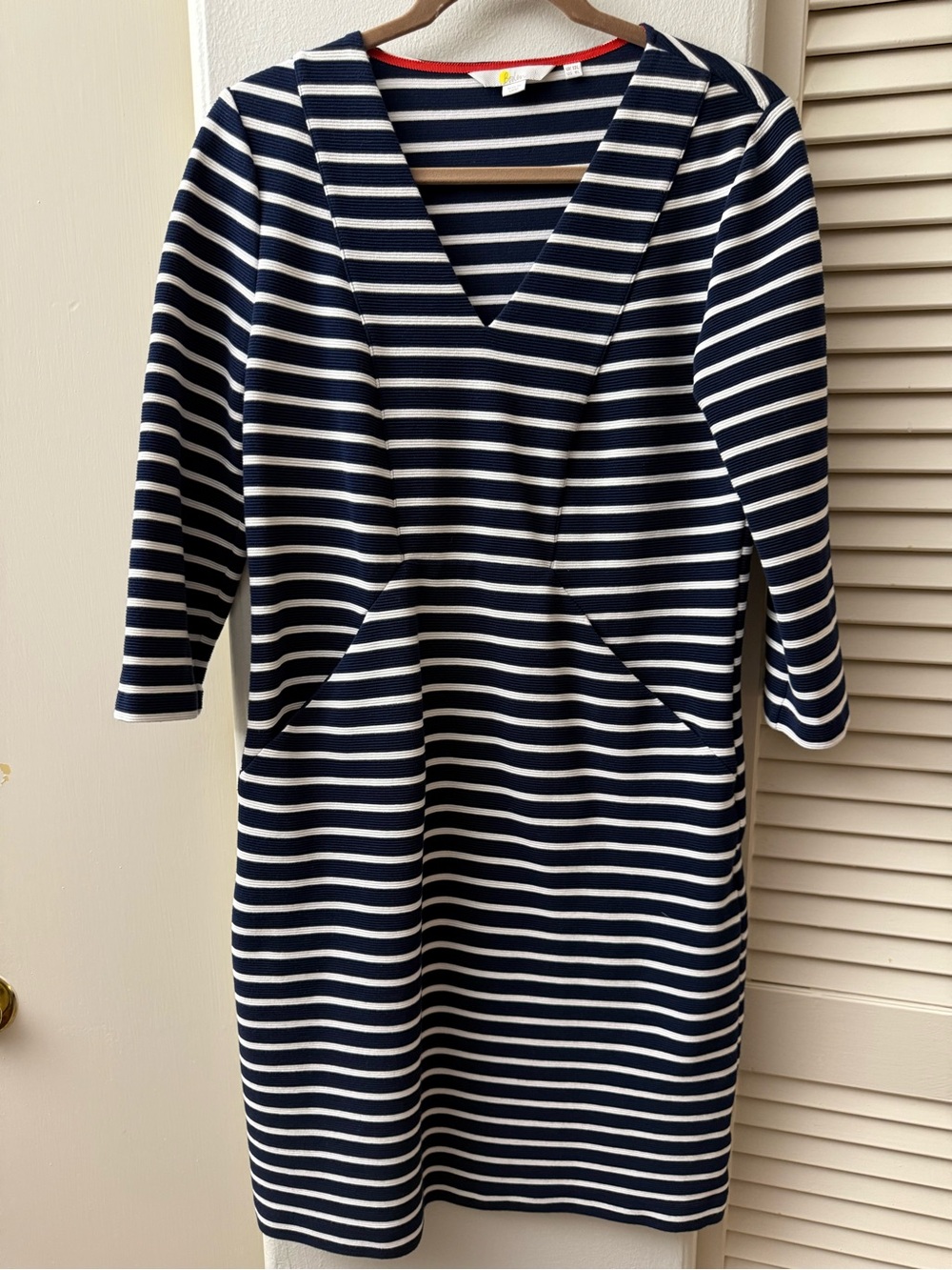 Boden Navy and White Striped V-Neck 3/4 Sleeve Dress
